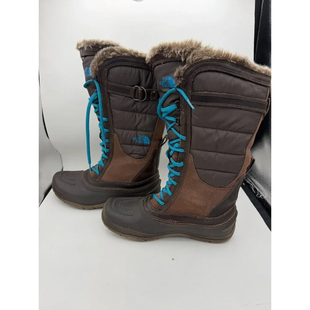 The North Face Women's Winter Snow Boots Brown Blue Faux Fur Waterproof Size 9